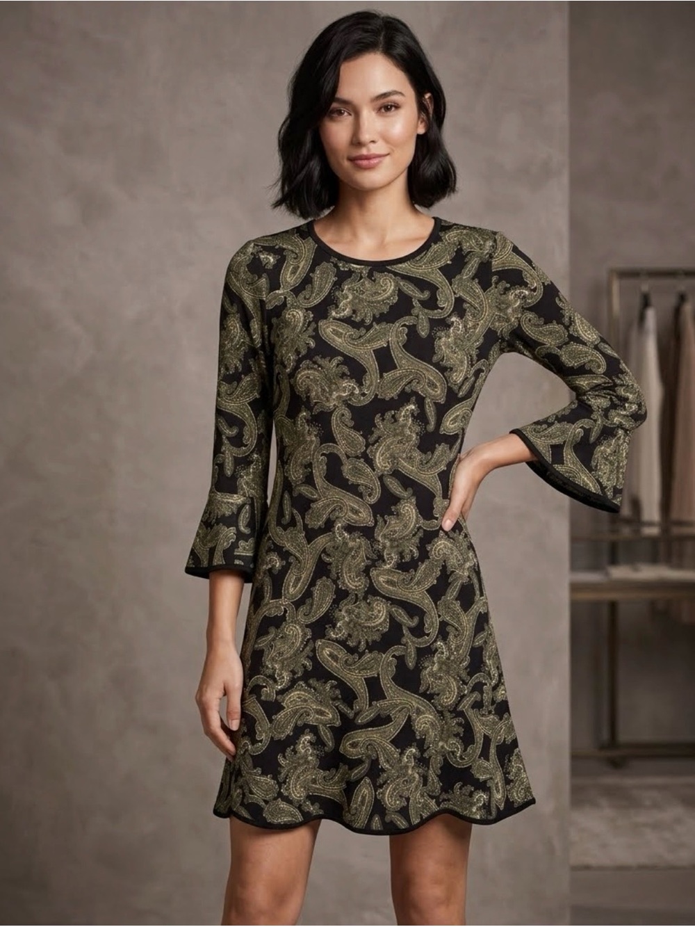 Michael Kors Black Dress with Olive Paisley Print - Long Sleeve